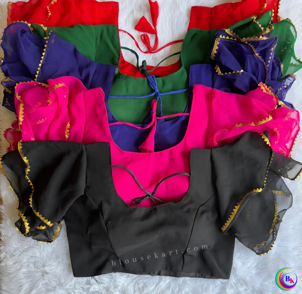 pretty georgette ruffle flutter sleeve boat neck pink blouse for party | 1018