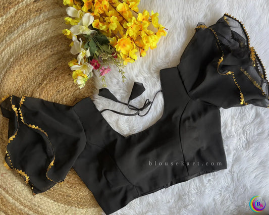 Pretty Georgette Ruffle Flutter Sleeve Boat Neck Black Blouse for Party | 1018