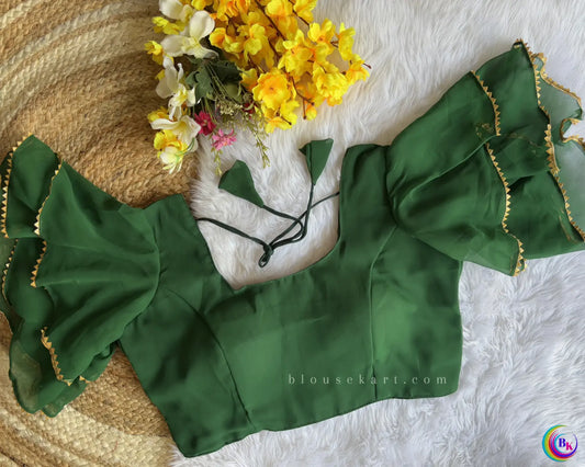 Pretty Georgette Ruffle Flutter Sleeve Boat Neck Green Blouse for Party | 1018