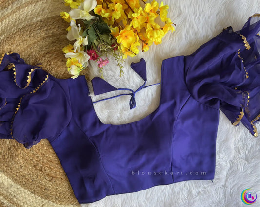 Pretty Georgette Ruffle Flutter Sleeve Boat Neck Navy Blue Blouse for Party | 1018