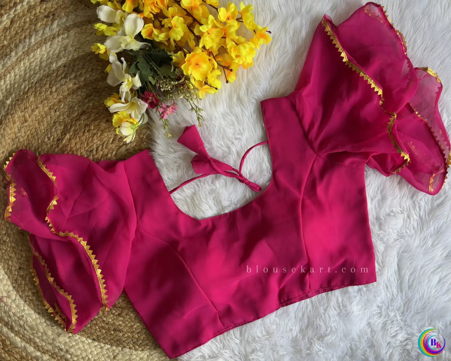 Pretty Georgette Ruffle Flutter Sleeve Boat Neck Pink Blouse for