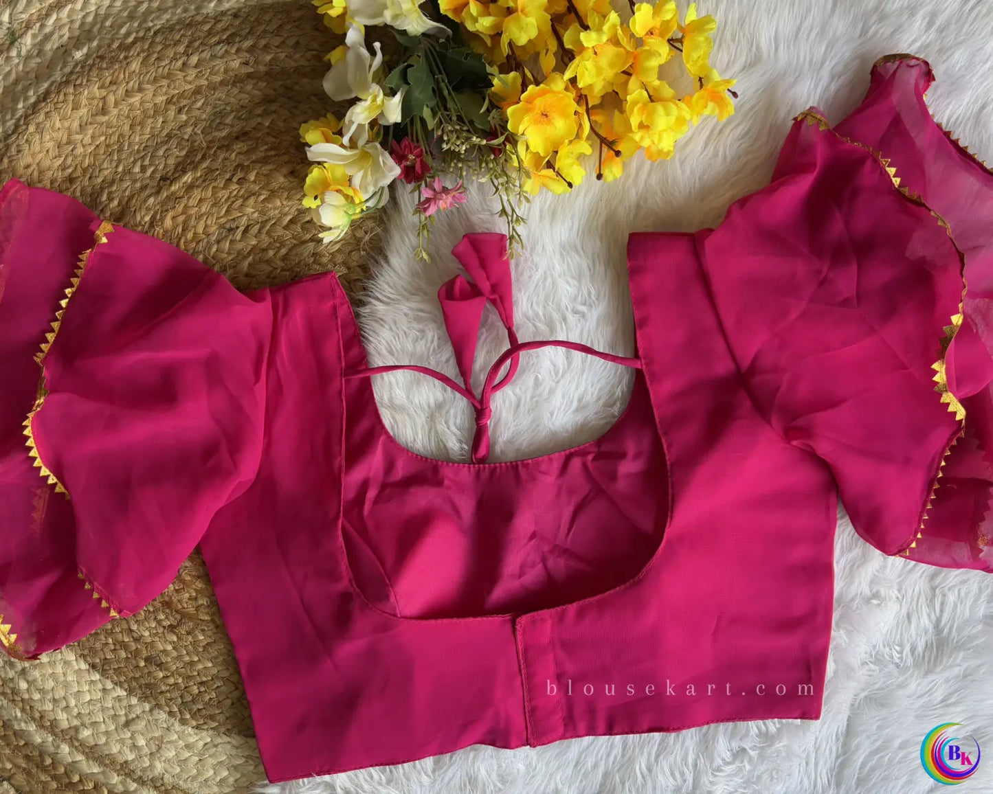 pretty georgette ruffle flutter sleeve boat neck pink blouse for party | 1018