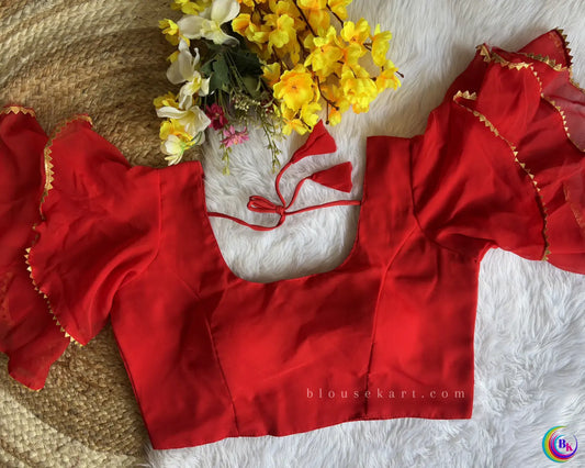 Pretty Georgette Ruffle Flutter Sleeve Boat Neck Red Blouse for Party | 1018
