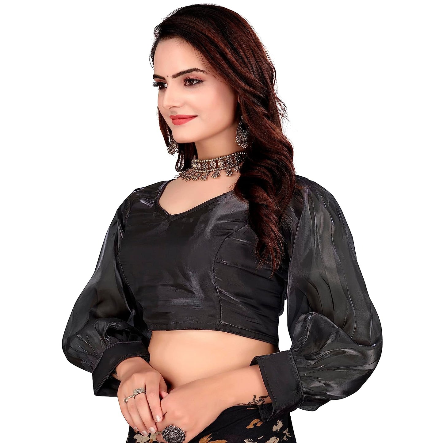 fancy organza women v neck puff cap sleeve black jimmy choo blouse for anniversary