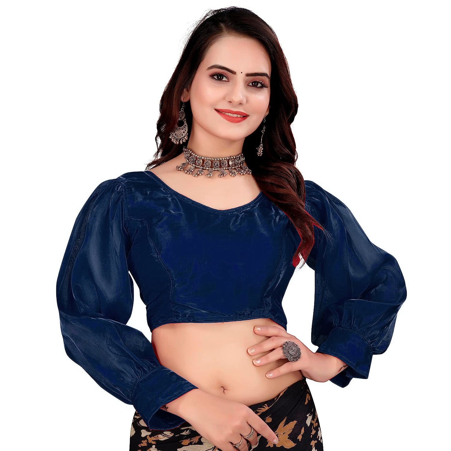 fancy organza women v neck puff cap sleeve navy blue jimmy choo blouse for anniversary | 1060