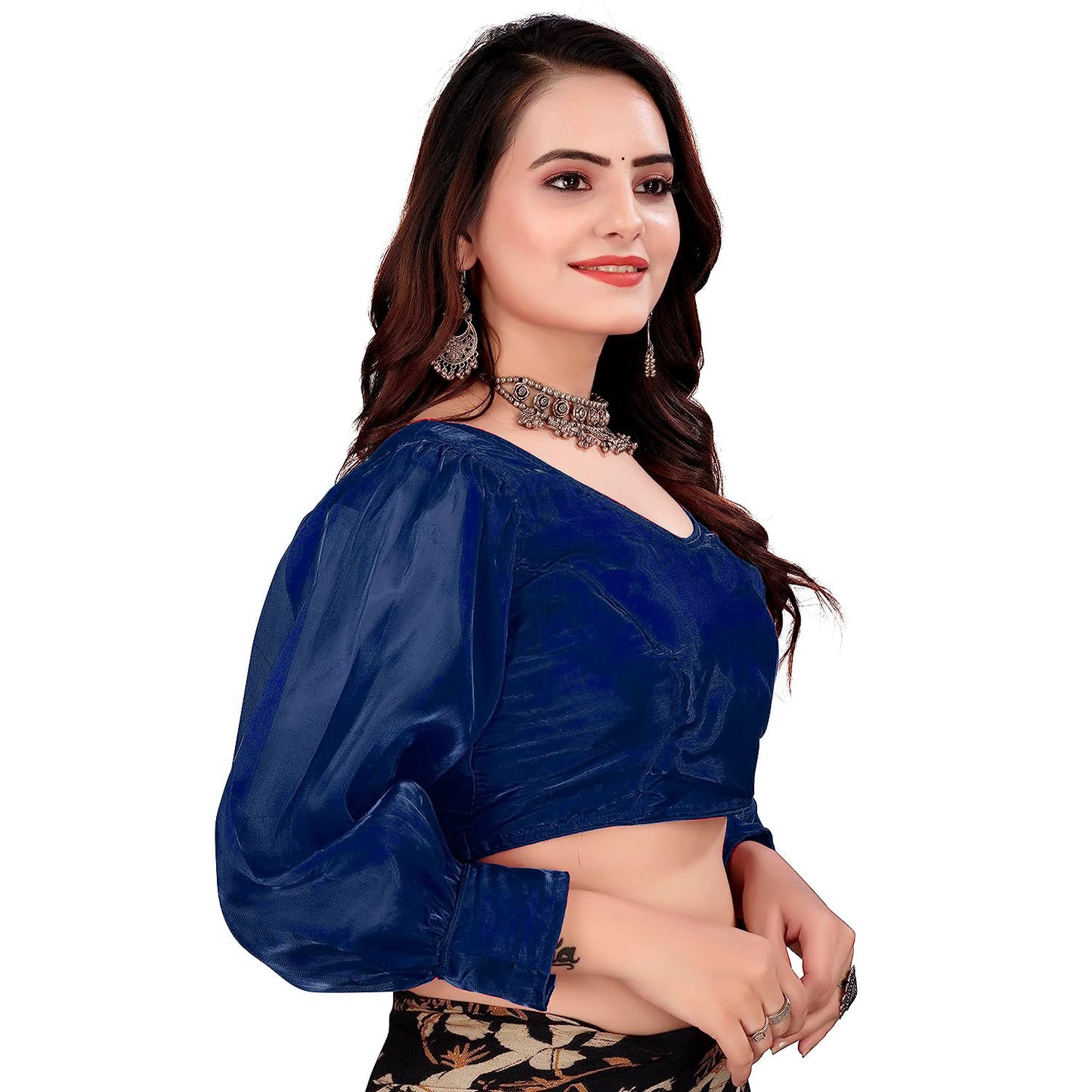 fancy organza women v neck puff cap sleeve navy blue jimmy choo blouse for anniversary | 1060