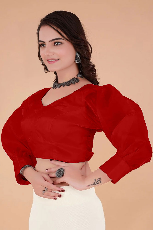 fancy organza women v neck puff cap sleeve red jimmy choo blouse for anniversary