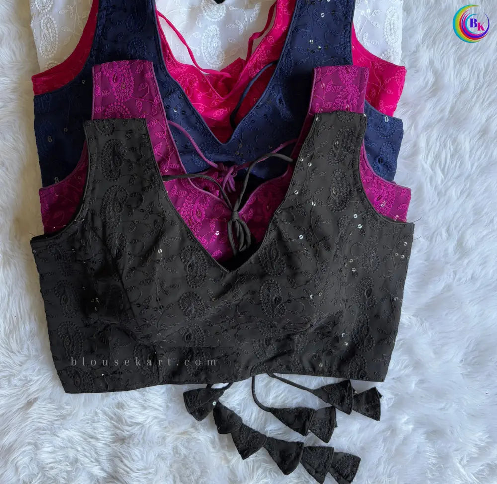 stylish georgette chikankari embroidery hakoba sleeveless v neck purple blouse for women | 1095