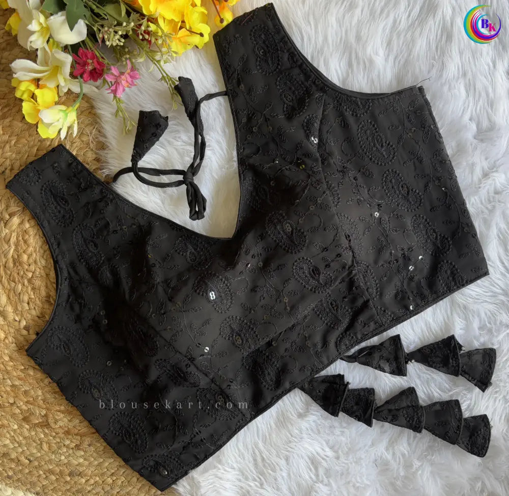 stylish georgette chikankari embroidery hakoba sleeveless v neck black blouse for women | 1095