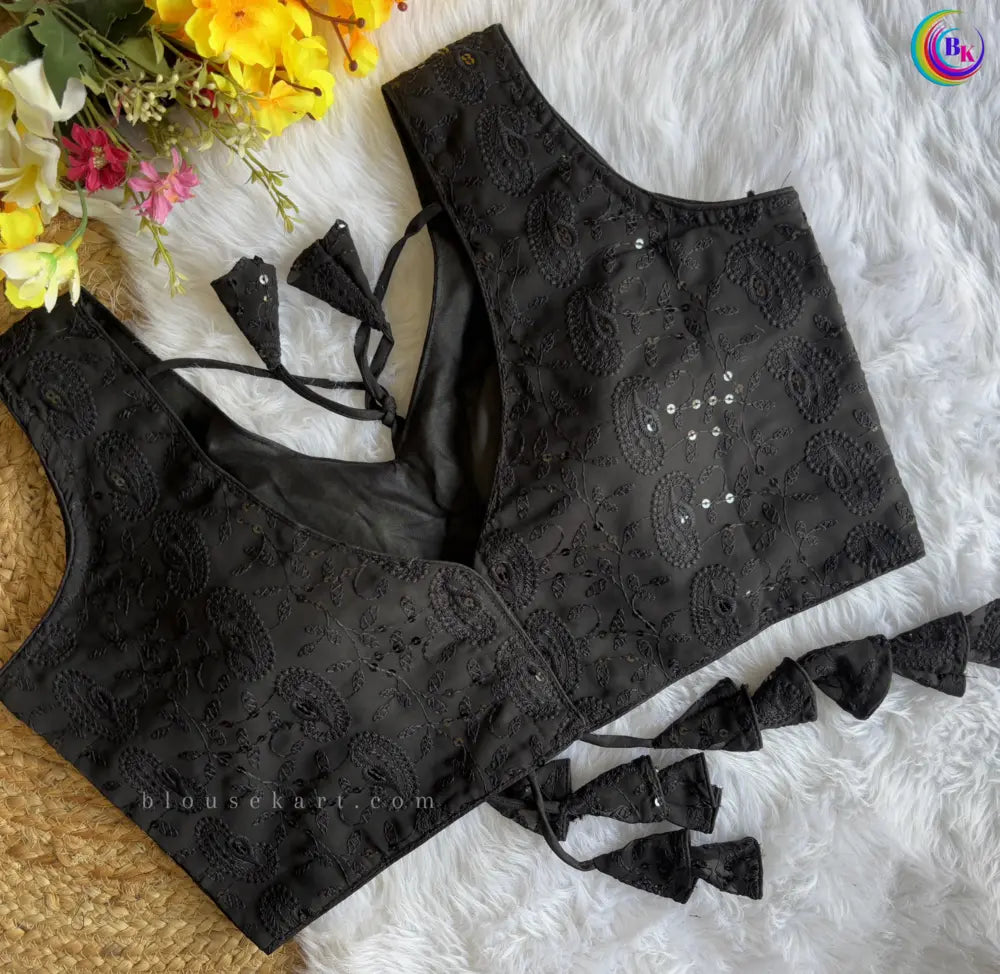 stylish georgette chikankari embroidery hakoba sleeveless v neck black blouse for women | 1095