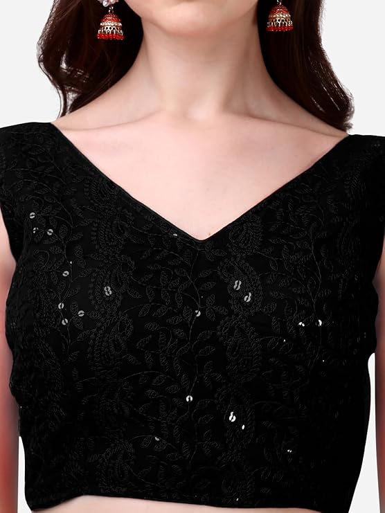 glamorous georgette chikankari sleeveless v neck black blouse for festival | 1095