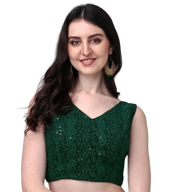 glamorous georgette chikankari sleeveless v neck green blouse for festival | 1095