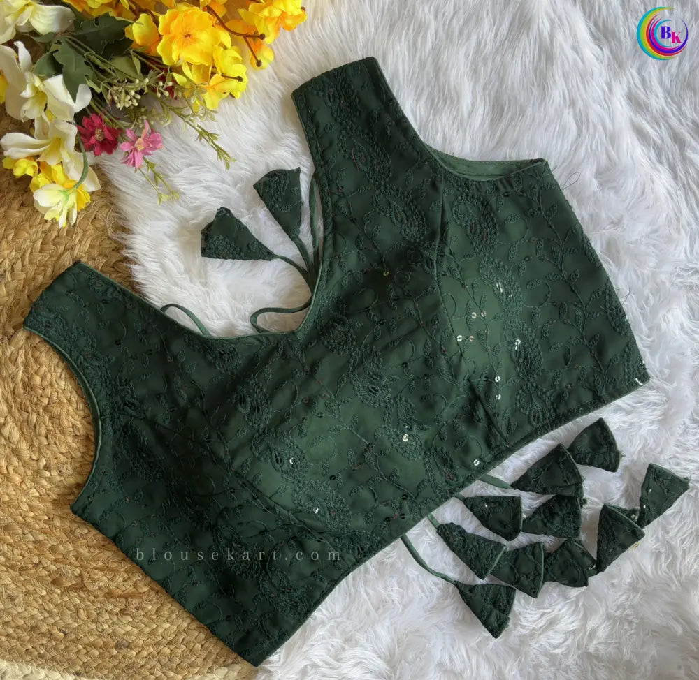 stylish georgette chikankari embroidery hakoba sleeveless v neck green blouse for women | 1095