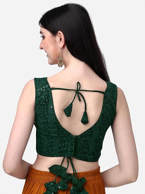glamorous georgette chikankari sleeveless v neck green blouse for festival | 1095