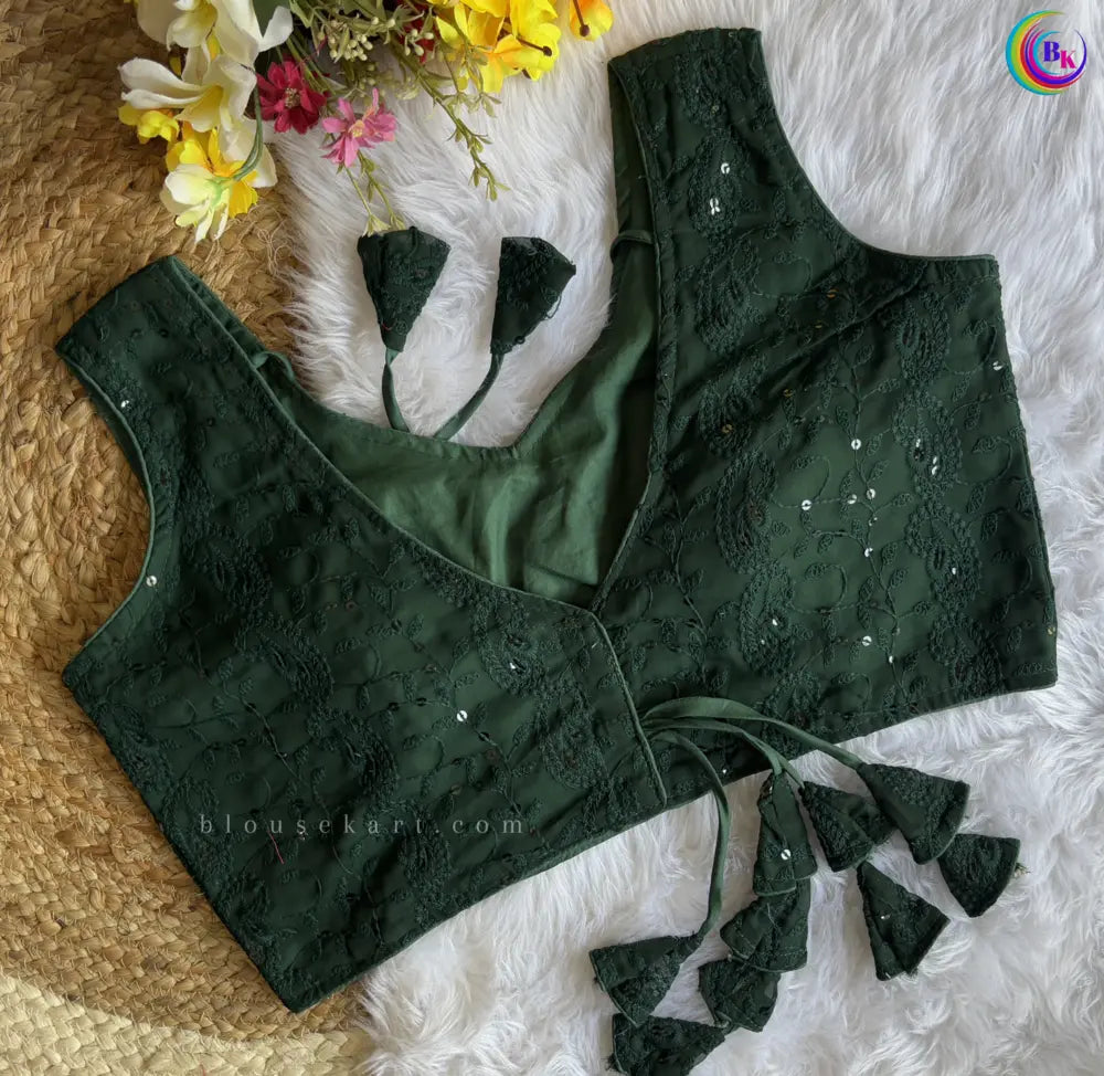 stylish georgette chikankari embroidery hakoba sleeveless v neck green blouse for women | 1095
