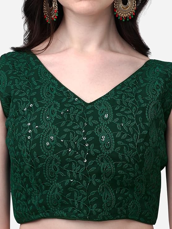glamorous georgette chikankari sleeveless v neck green blouse for festival | 1095