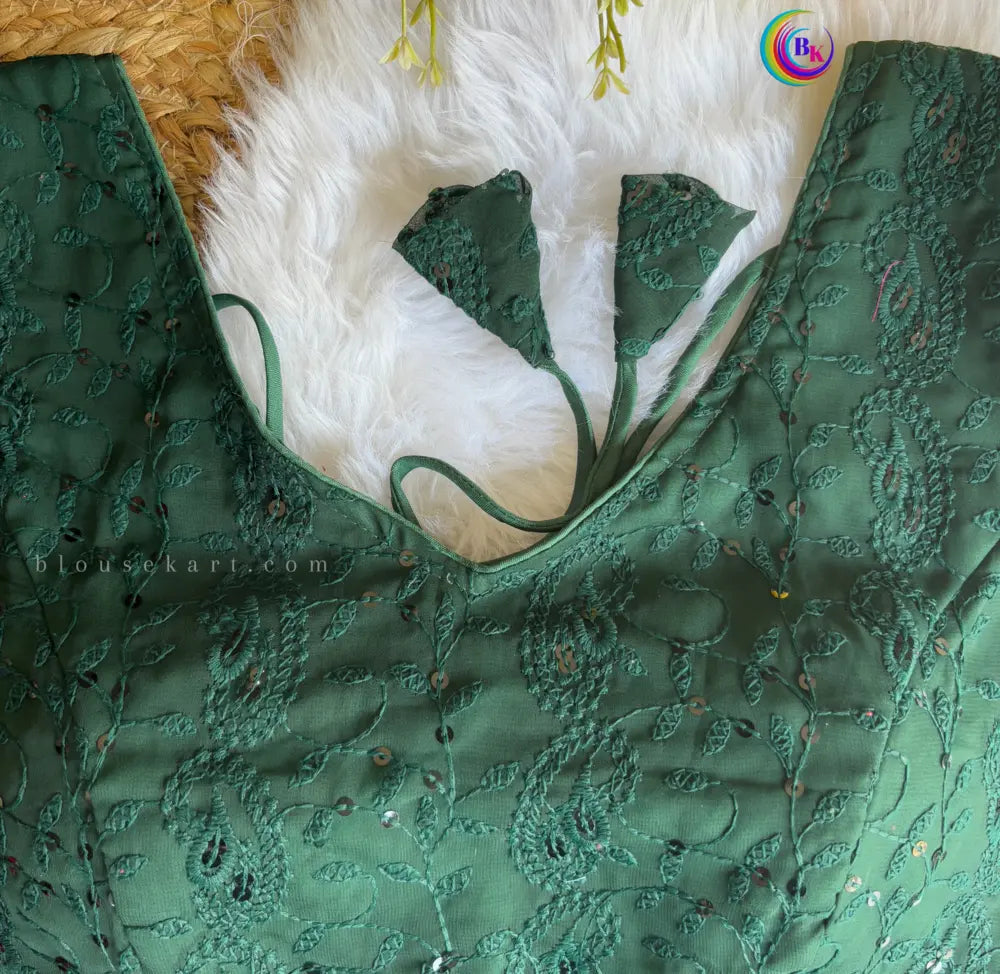 stylish georgette chikankari embroidery hakoba sleeveless v neck green blouse for women | 1095