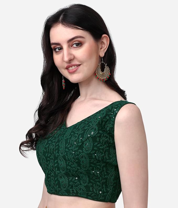 glamorous georgette chikankari sleeveless v neck green blouse for festival | 1095