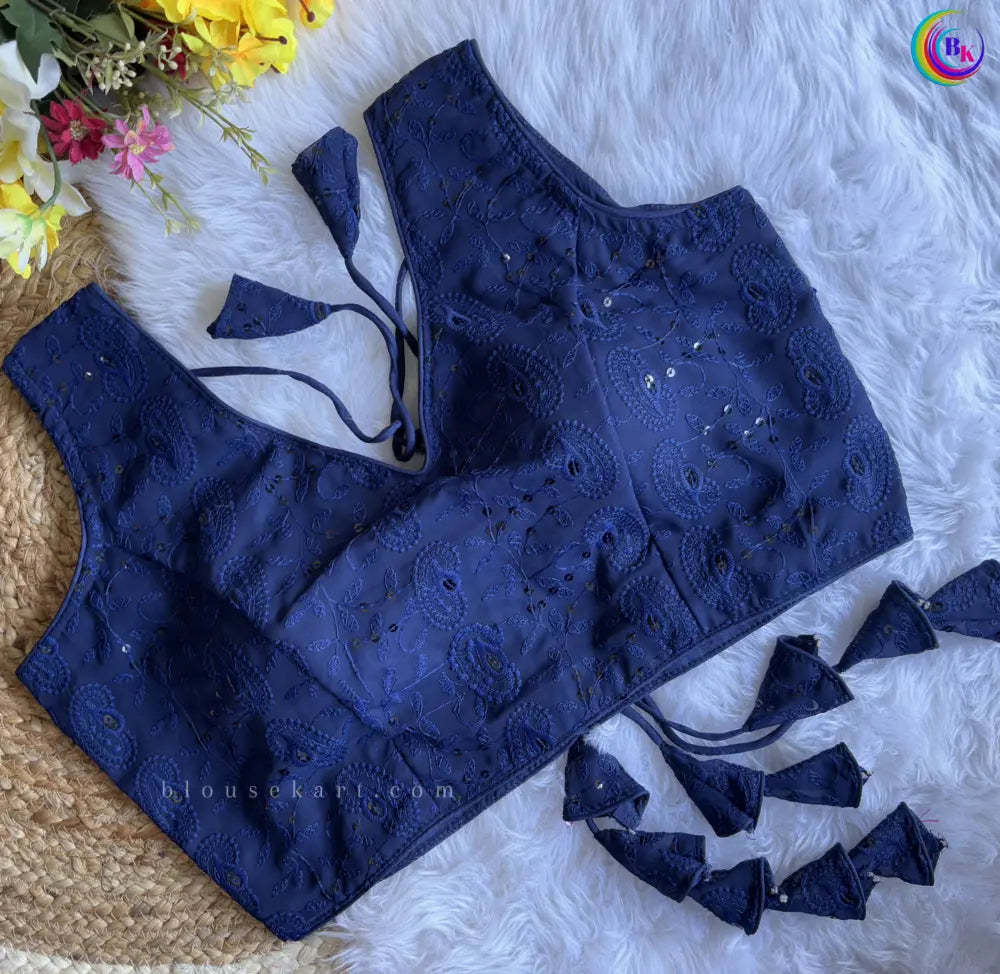 stylish georgette chikankari embroidery hakoba sleeveless v neck navy blue blouse for women | 1095