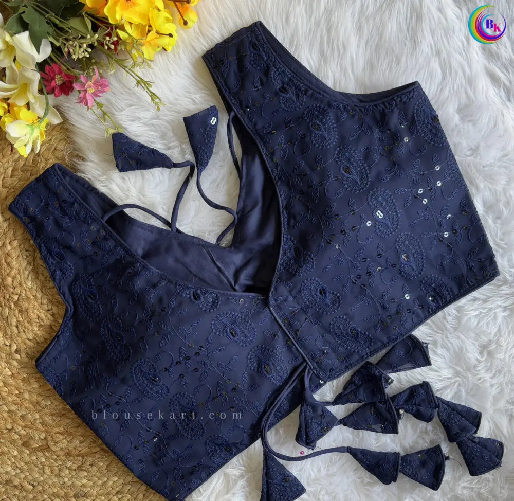 stylish georgette chikankari embroidery hakoba sleeveless v neck navy blue blouse for women | 1095