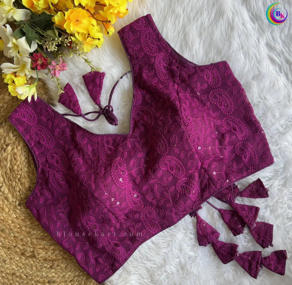 stylish georgette chikankari embroidery hakoba sleeveless v neck purple blouse for women | 1095