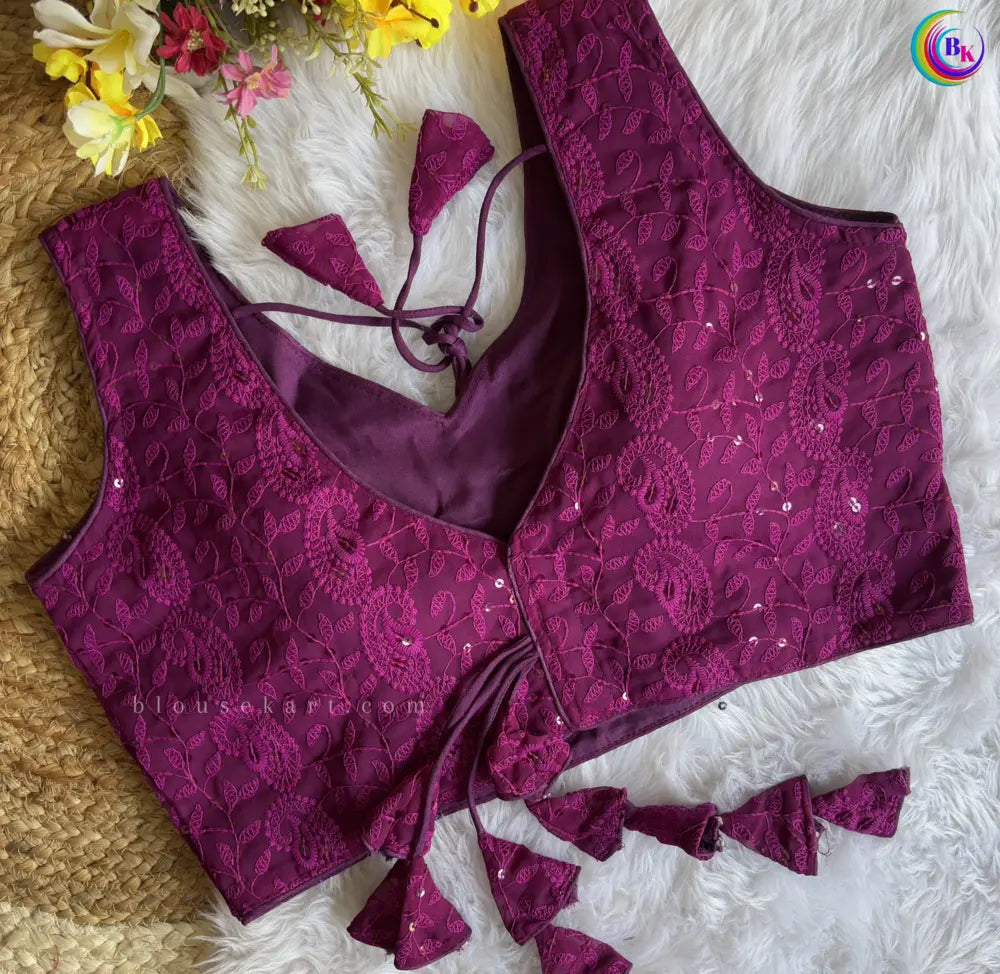 stylish georgette chikankari embroidery hakoba sleeveless v neck purple blouse for women | 1095