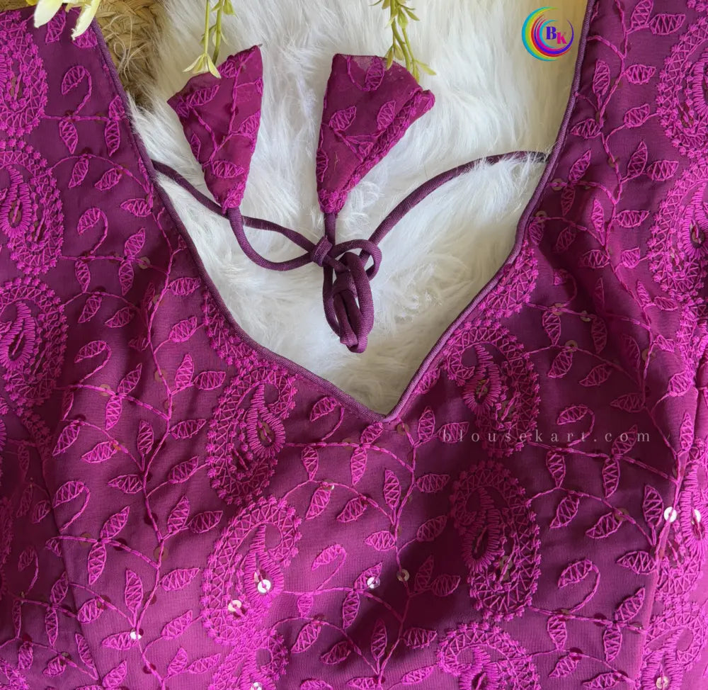 stylish georgette chikankari embroidery hakoba sleeveless v neck purple blouse for women | 1095