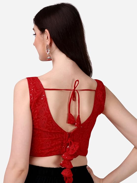 glamorous georgette chikankari sleeveless v neck red blouse for festival | 1095