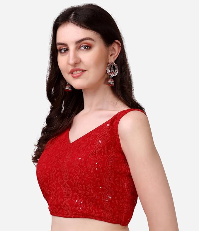 glamorous georgette chikankari sleeveless v neck red blouse for festival | 1095