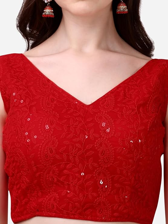 glamorous georgette chikankari sleeveless v neck red blouse for festival | 1095