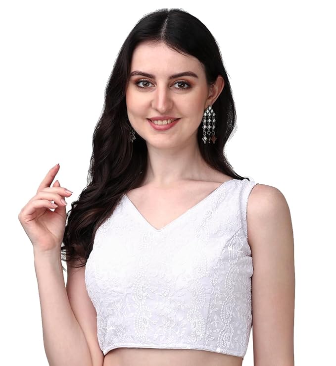 glamorous georgette chikankari sleeveless v neck white blouse for festival | 1095