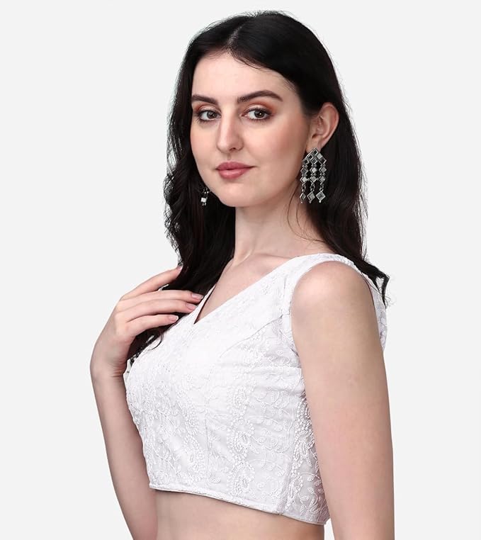 glamorous georgette chikankari sleeveless v neck white blouse for festival | 1095