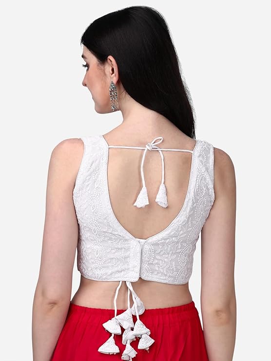 glamorous georgette chikankari sleeveless v neck white blouse for festival | 1095