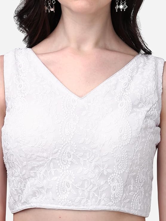 glamorous georgette chikankari sleeveless v neck white blouse for festival | 1095