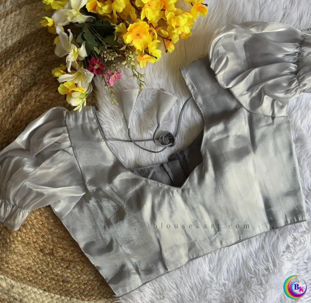 stylish organza women boat neck puff sleeve jimmy choo grey blouse for party | 1098