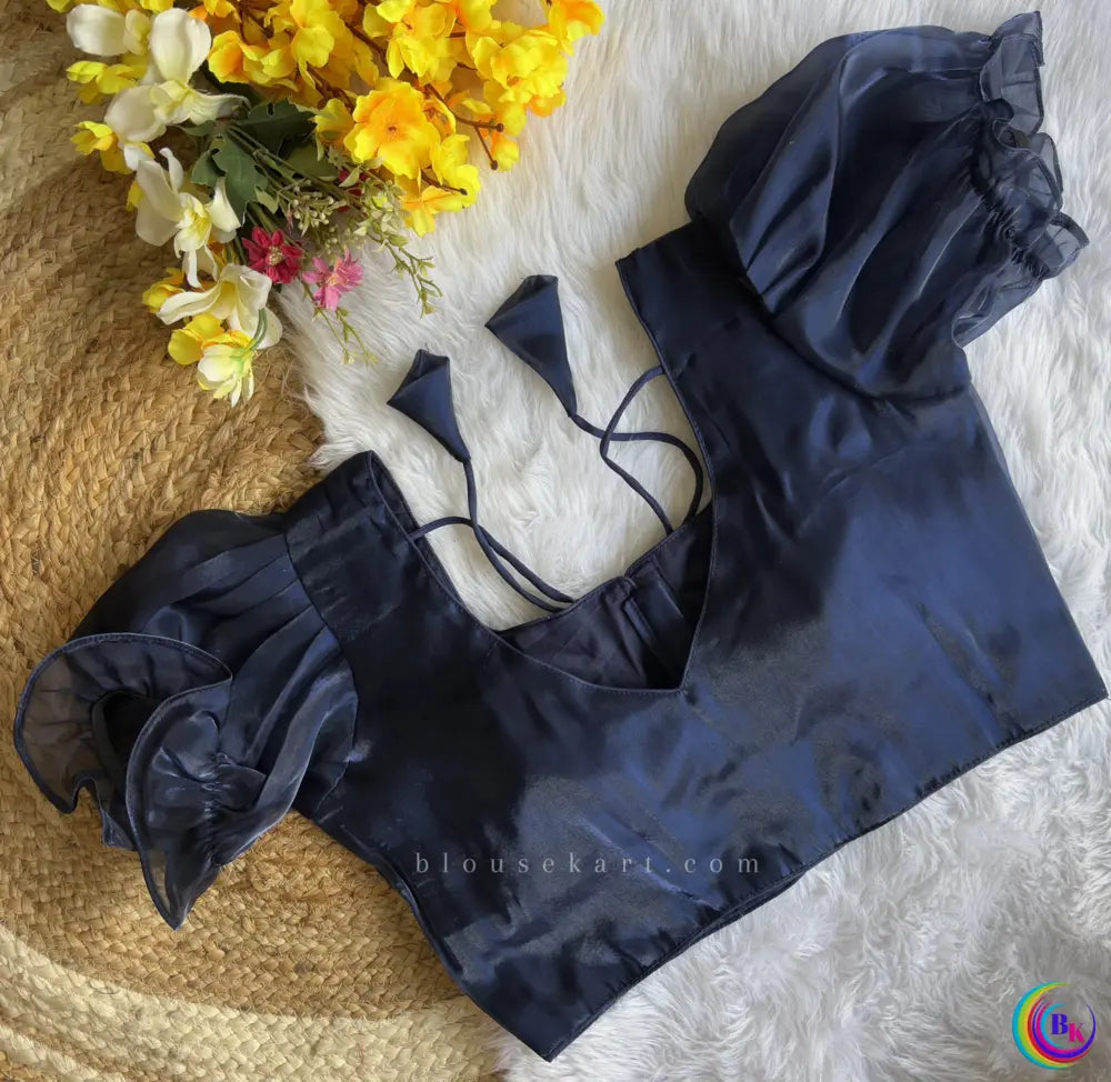 stylish organza women boat neck puff sleeve jimmy choo navy blue blouse for party | 1098