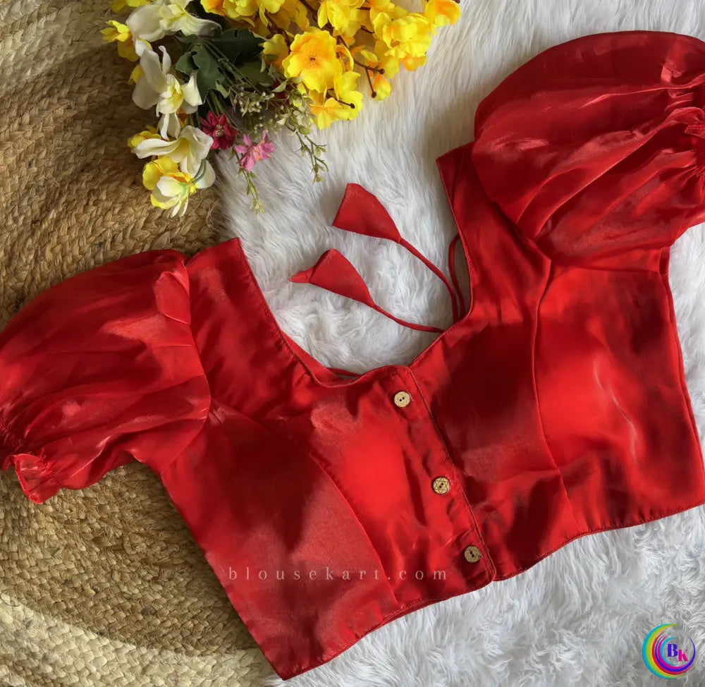 stylish organza women boat neck puff sleeve jimmy choo red blouse for party | 1098