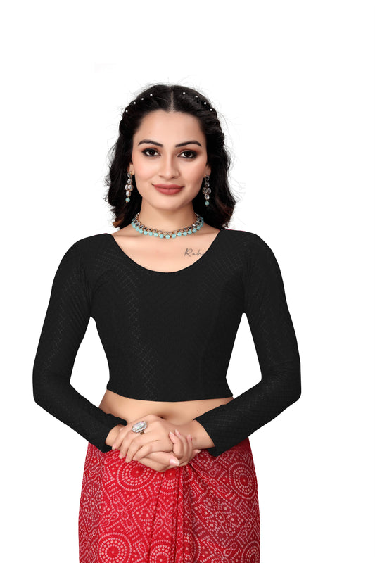 1552 New Daily Wear Round Neck Printed Checkered Pull On Full Sleeve Lycra Blouse for Women (Black)