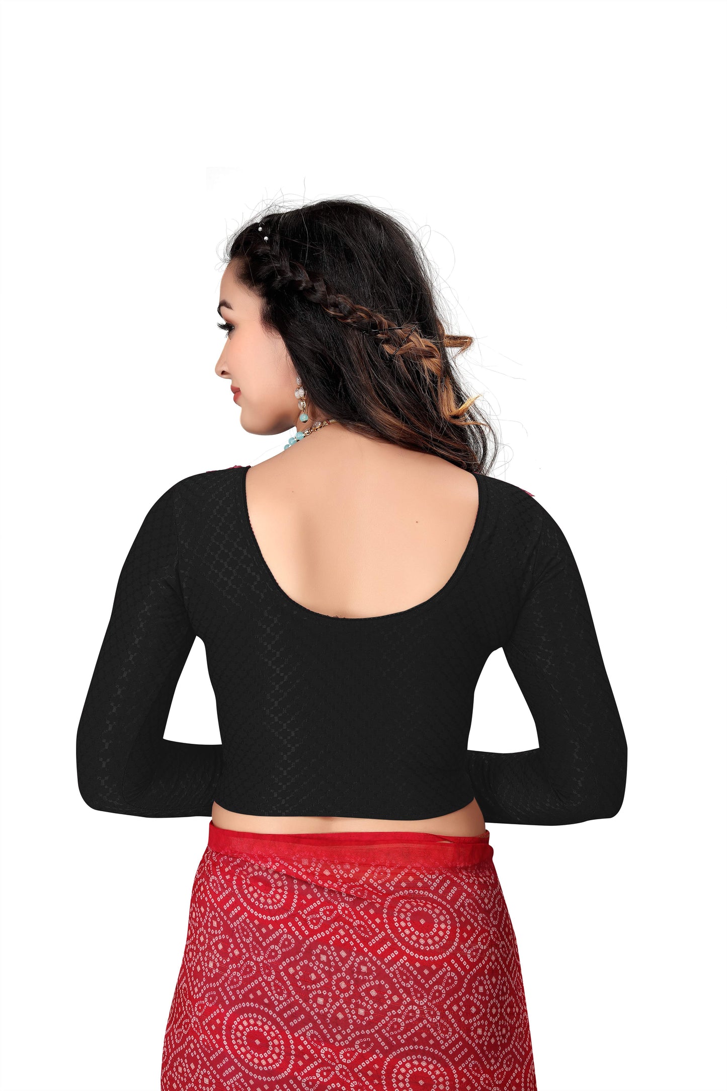 1552 new daily wear round neck printed checkered pull on full sleeve lycra blouse for women (black)