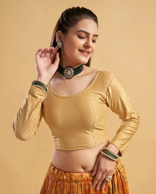 1552 New Daily Wear Round Neck Printed Checkered Pull On Full Sleeve Lycra Blouse for Women (Gold)