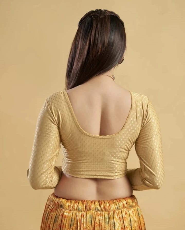 1552 new daily wear round neck printed checkered pull on full sleeve lycra blouse for women (gold)