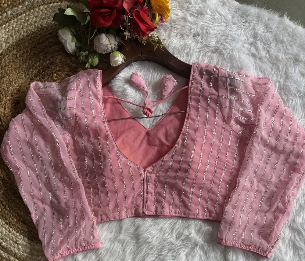 nice looking full sleeve striped sweetheart neck georgette net baby pink blouse | 1659