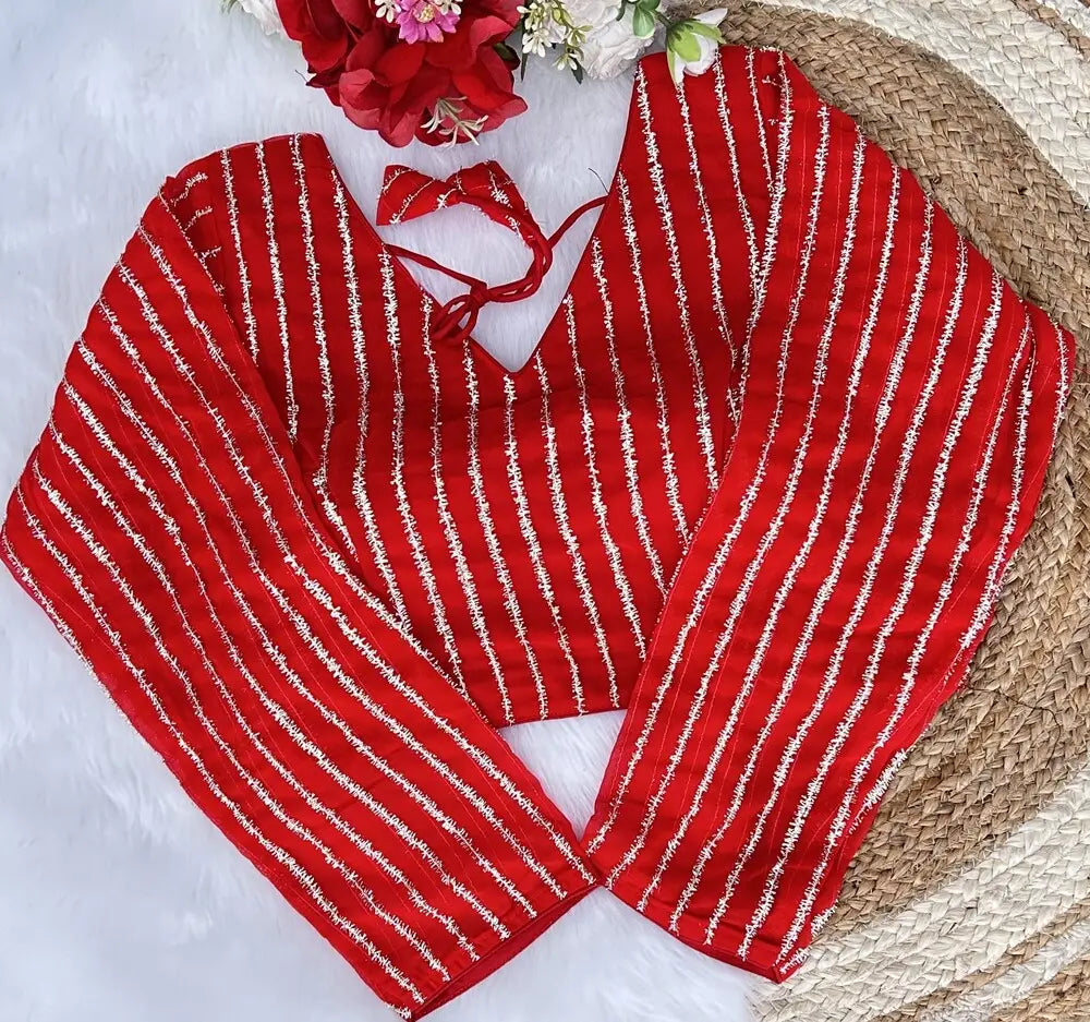 nice looking full sleeve striped sweetheart neck georgette net red blouse | 1659