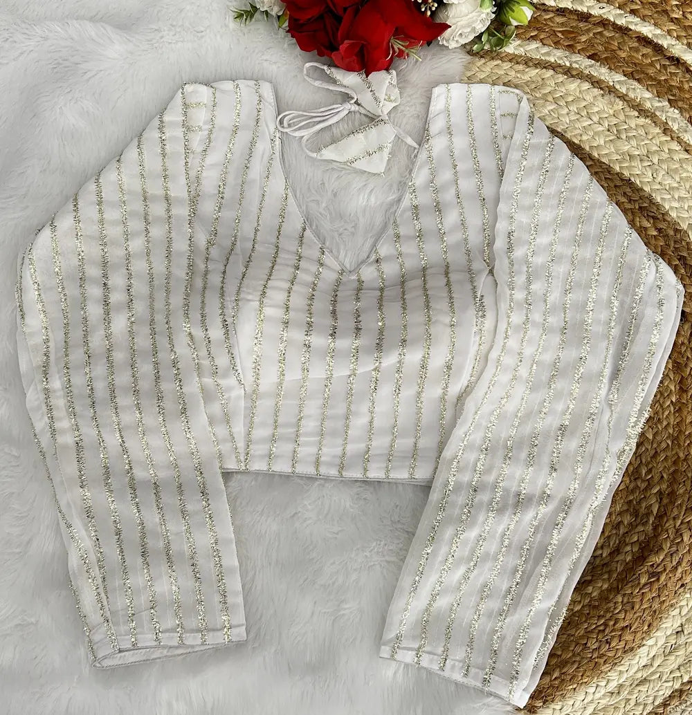 nice looking full sleeve striped sweetheart neck georgette net white blouse | 1659