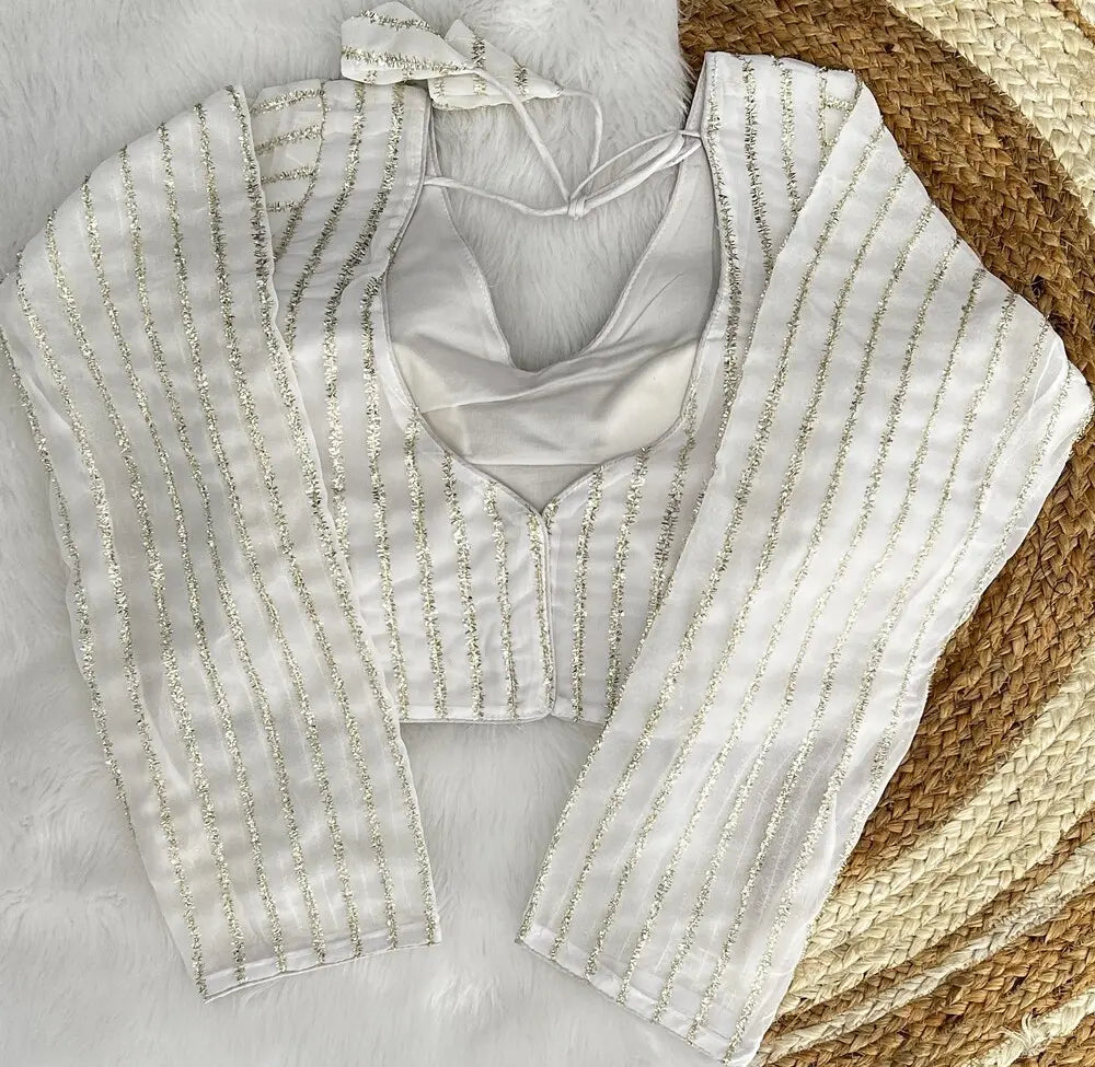 nice looking full sleeve striped sweetheart neck georgette net white blouse | 1659