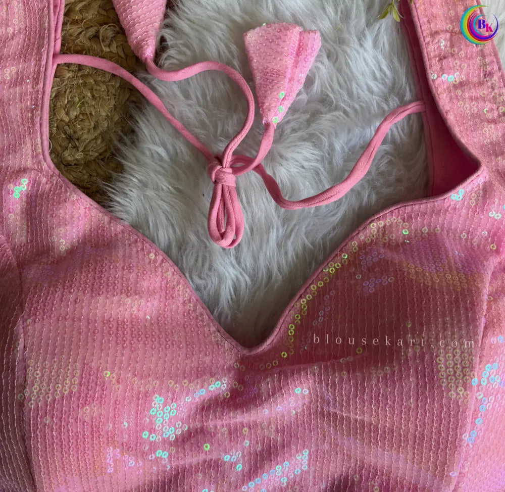 stylish halter neck sleeveless back open latkan sequin blouse for festive (baby pink)