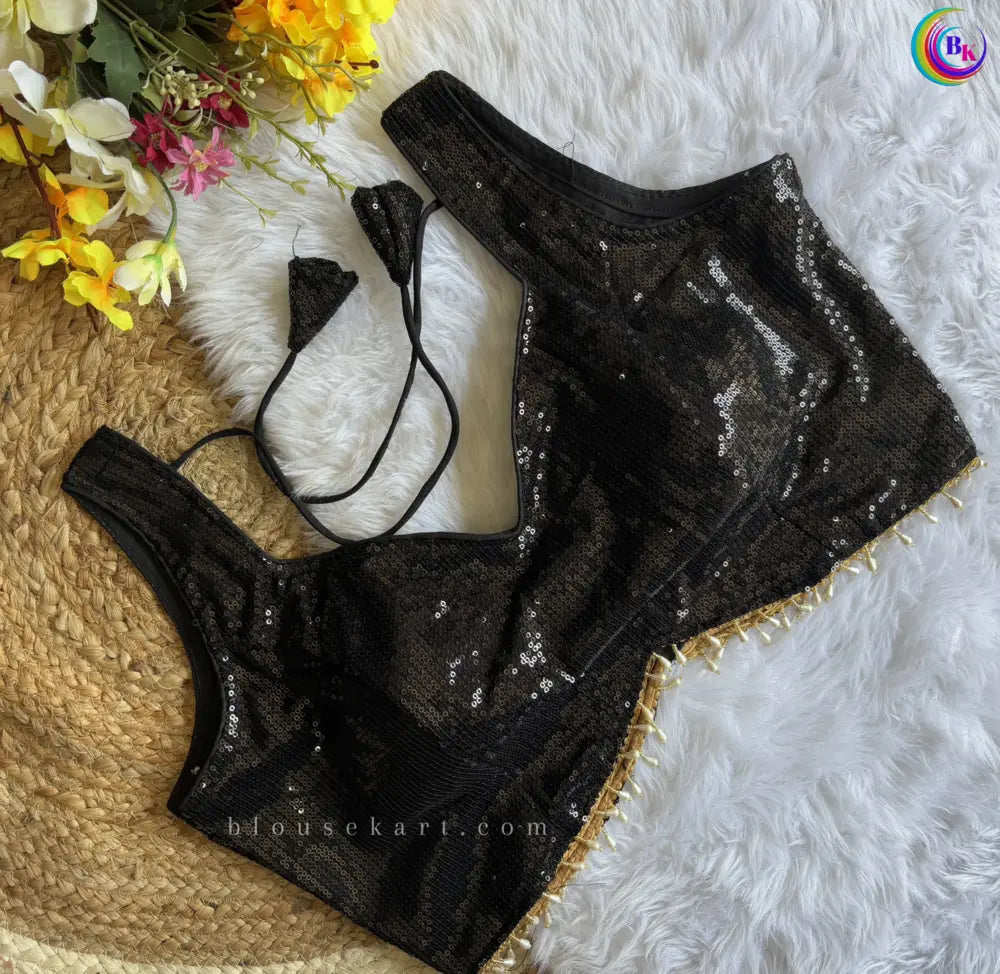 stylish halter neck sleeveless back open latkan sequin blouse for festive (black)