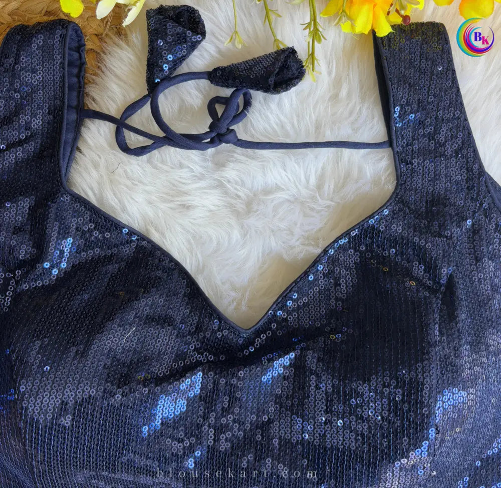 stylish halter neck sleeveless back open latkan sequin blouse for festive (navy blue)