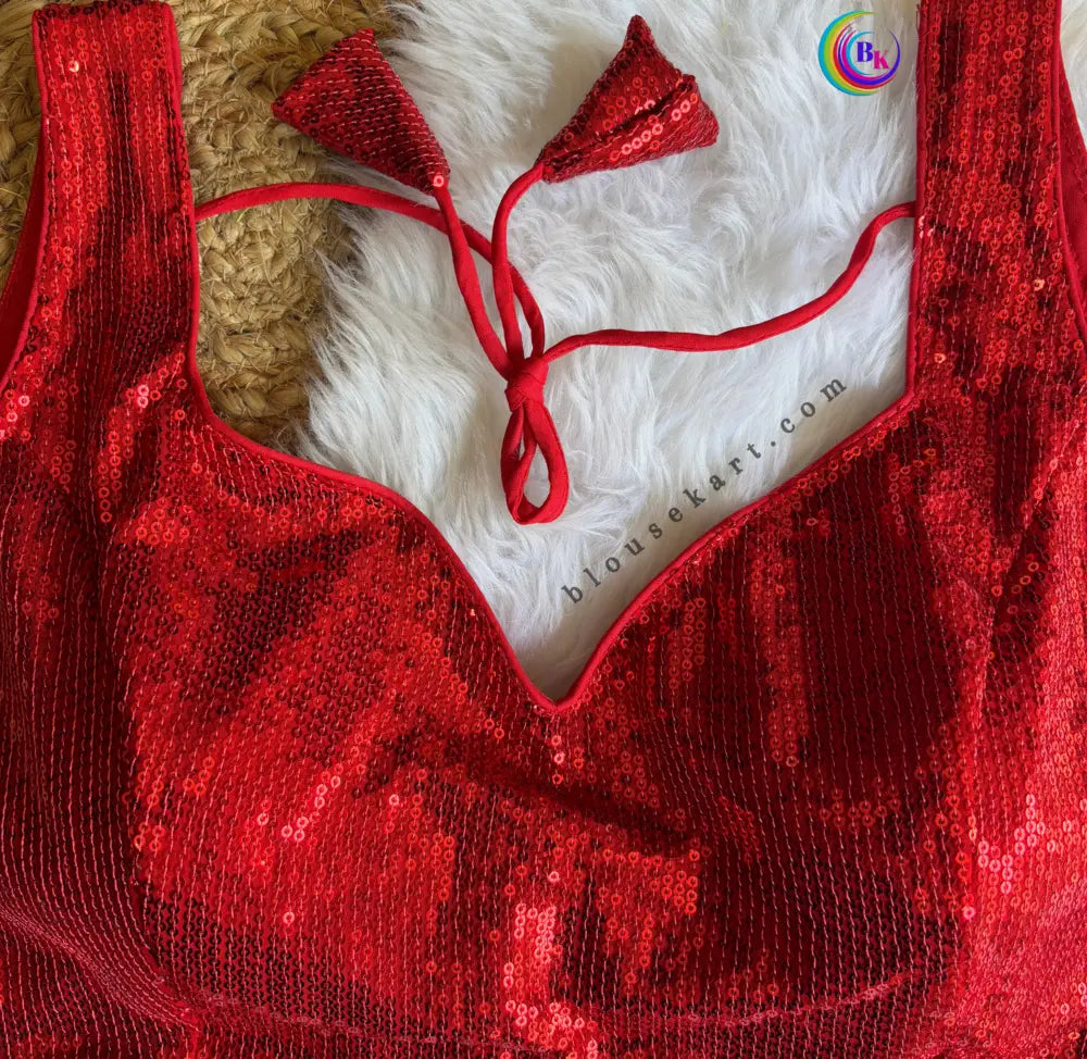 stylish halter neck sleeveless back open latkan sequin blouse for festive (red)