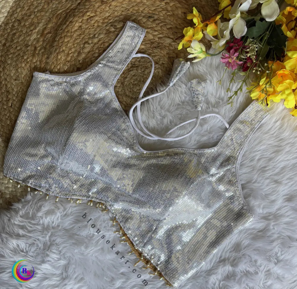 stylish halter neck sleeveless back open latkan sequin blouse for festive (white)